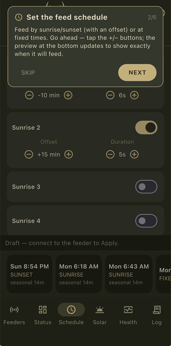 Feed schedule screen — sunrise and sunset offsets with feed durations